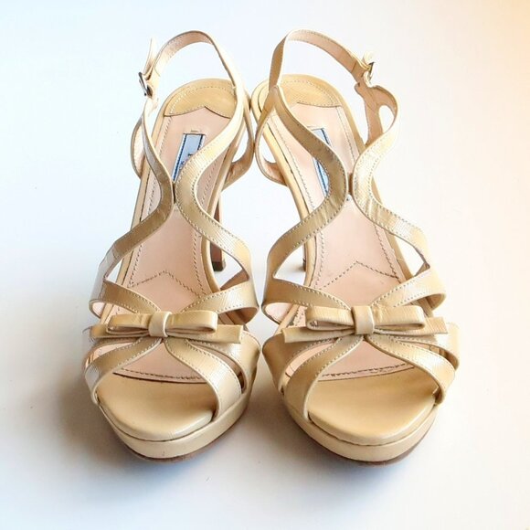 Prada Pale Yellow Patent Leather Strappy Platform Heels Sandals w Bow Size 7.5 - Picture 6 of 16